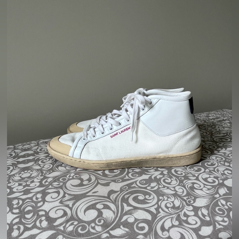 Saint Laurent White Canvas and Leather Trim SL/39 Court Classic Mid Tops